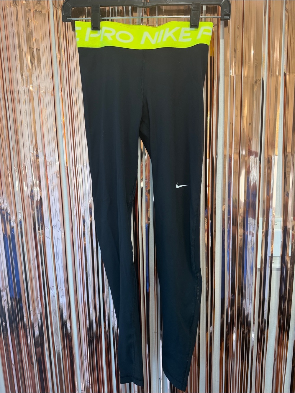 Nike Black Leggings with Neon Yellow Logo Waistband NEW XS